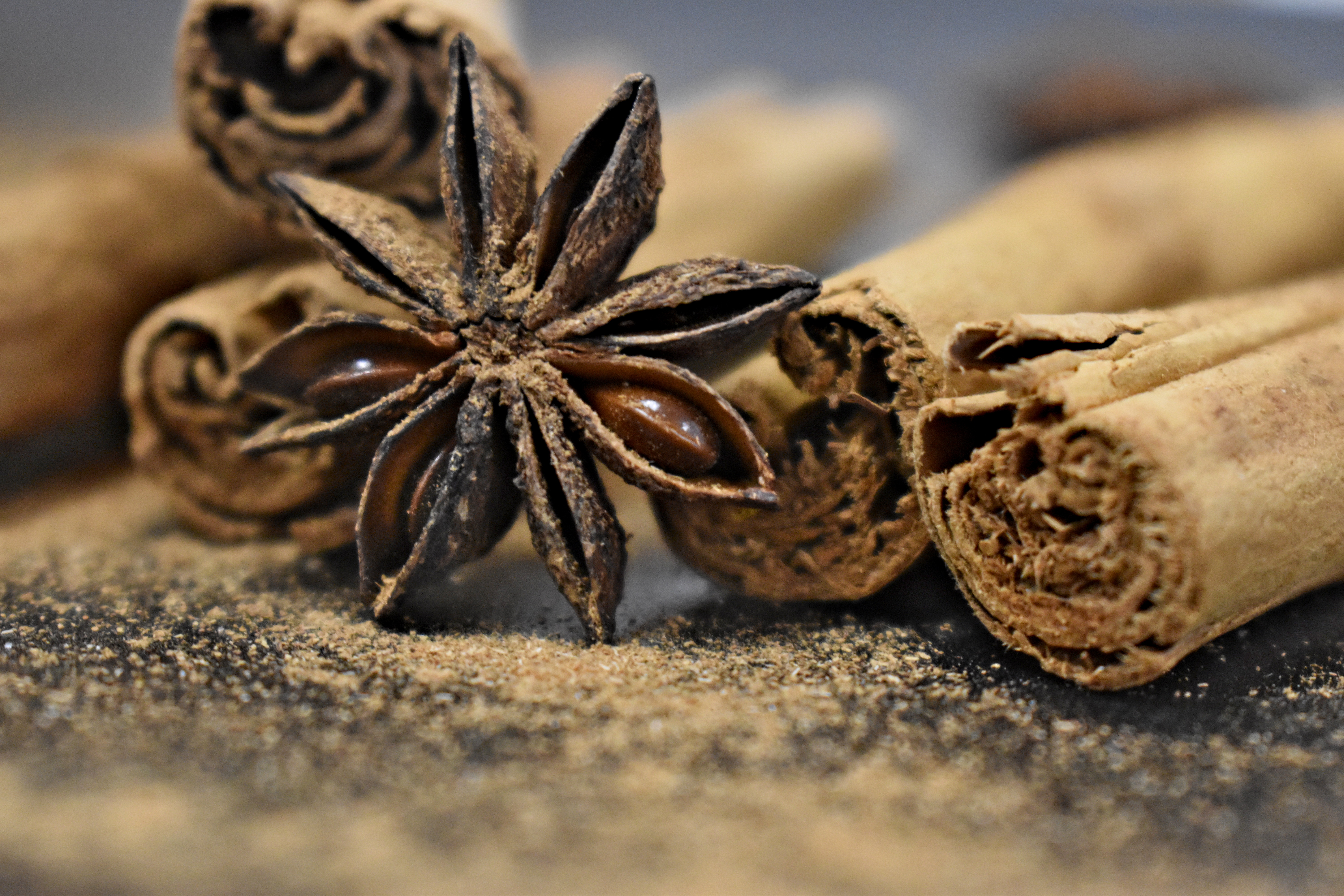 Diese Seite ist eine Fotogalerie aus sechs Bildern. Auf allen sind zwischen drei und fünf Zimtstangen und zwei Sternanis, welche umgeben von Zimtpulver auf einer schwarzen Steinplatte liegen, zu sehen.>
	    <img class=